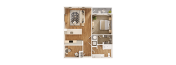 A top-down view of a house layout with a living room, kitchen, and bedrooms.
