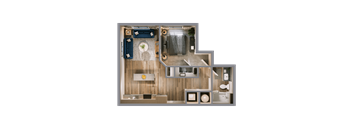 A top-down view of a room with a kitchen, living room, and bathroom.