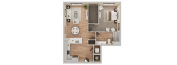 A top-down view of a room with a bed, desk, and chair.