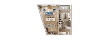 A top-down view of a modern apartment layout with a living room, kitchen, and bathroom.