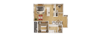 A top-down view of a house layout with a living room, kitchen, and bathroom.
