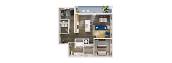 A top-down view of a small apartment layout with a kitchen, living room, and bedroom.