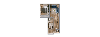 A top-down view of a room with a bed, a couch, a chair, a table, and a mirror.