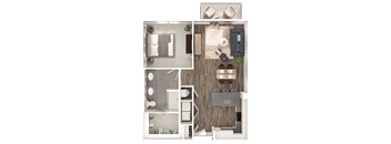 A floor plan of a house with a kitchen, living room, and bathroom.