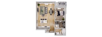a stylized floor plan of a 1 bedroom apartment