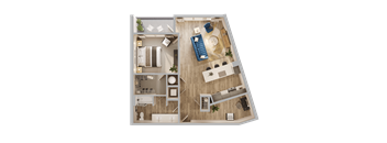 A top-down view of a house layout with a living room, kitchen, and bathrooms.