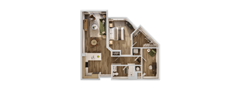 A detailed 3D floor plan of a house layout.