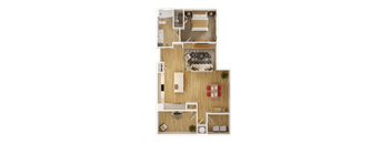 A top-down view of a house layout with a living room, kitchen, dining area, and a bedroom.