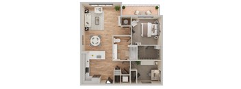 A top-down view of a house layout with a kitchen, living room, and bedrooms.