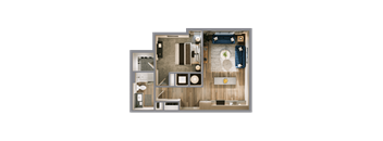 A top-down view of a modern, minimalist apartment layout.