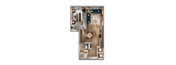A top-down view of a room with a living area, kitchen, and bathroom.
