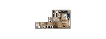 A top-down view of a room with a bed, a couch, a table, and a chair.