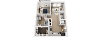 A top-down view of a small apartment layout with a kitchen, living room, and bathroom.