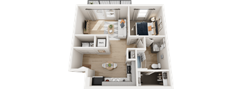 A top-down view of a small apartment with a kitchen, living room, and bedrooms.