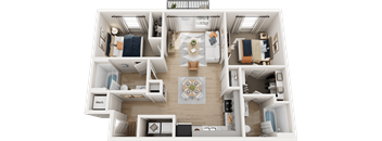 A top-down view of a small apartment layout with a kitchen, living room, and bedrooms.