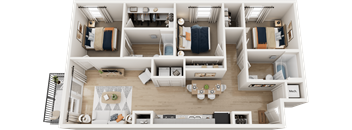 A top-down view of a small apartment with a kitchen, living room, and bedrooms.