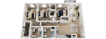 A top-down view of a well-organized apartment with multiple rooms and furniture.