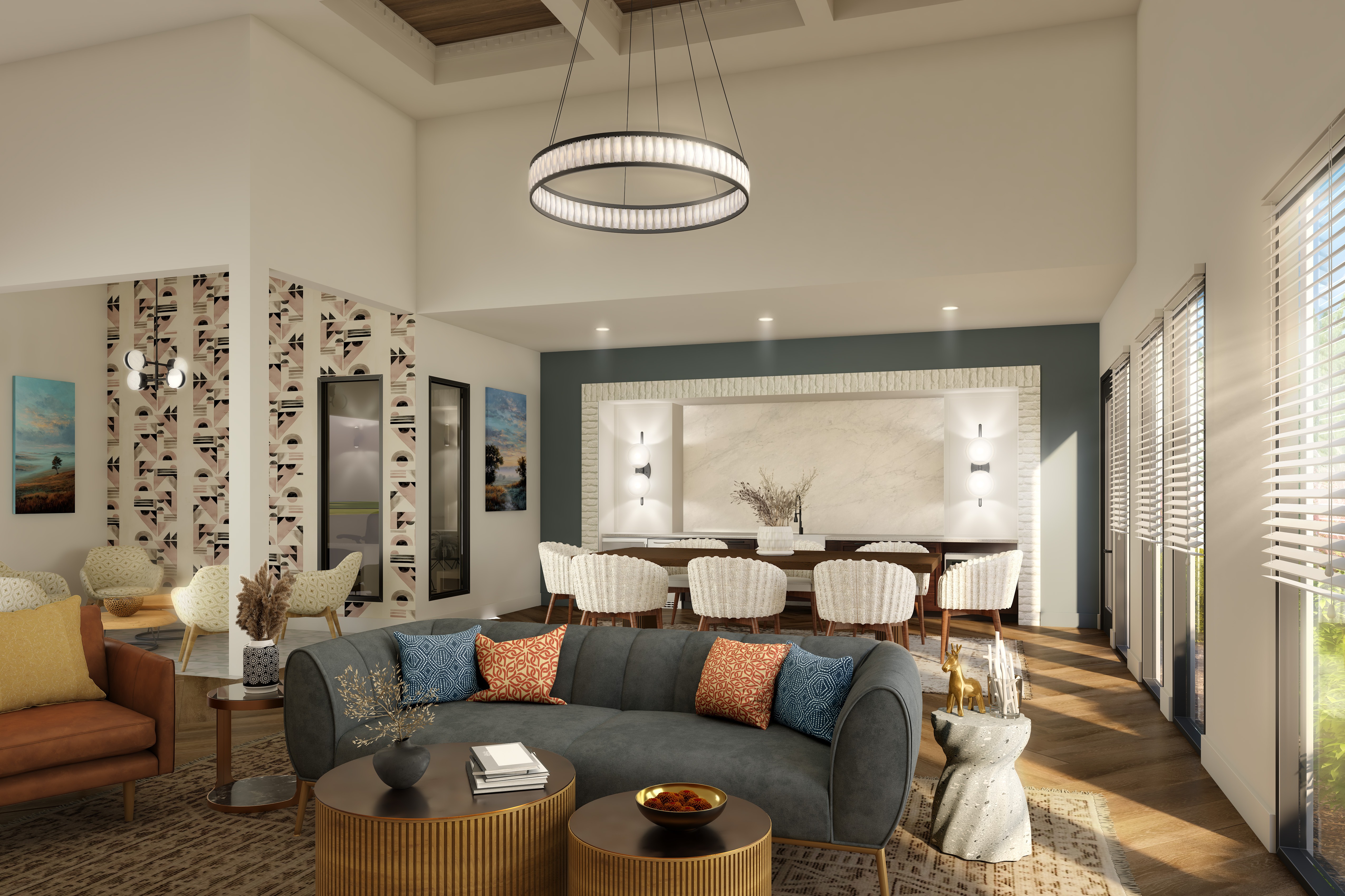 A modern living room with a grey sofa, a wooden coffee table, and a large window with blinds.