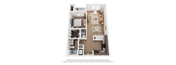 A 3D floor plan of a small apartment with a kitchen, living room, and bedrooms.