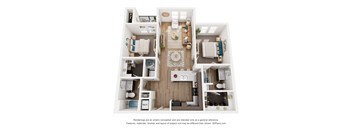 A 3D floor plan of a small apartment with a kitchen, living room, and bedroom.