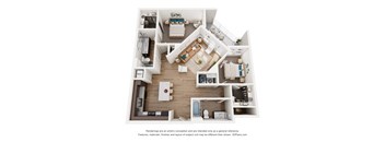 A 3D floor plan of a house with a kitchen, living room, and bathroom.