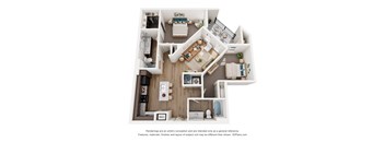 A 3D floor plan of a house with a kitchen, living room, and bathroom.