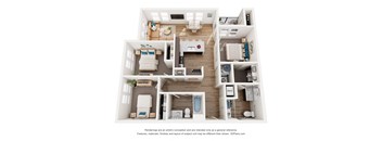 A 3D floor plan of a house with a kitchen, living room, and bathroom.