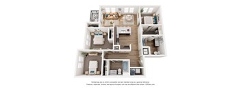 A 3D floor plan of a house with a kitchen, living room, and bathroom.