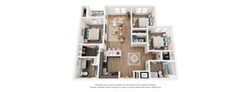 A 3D floor plan of a house with a kitchen, living room, and two bedrooms.
