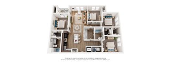 A 3D floor plan of a house with a kitchen, living room, and bedrooms.