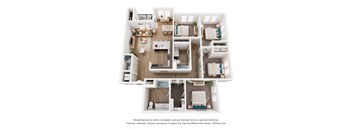 A 3D floor plan of a house with a kitchen, living room, and two bedrooms.