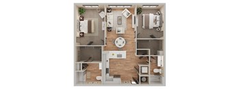 A top-down view of a house layout with a kitchen, living room, and bedrooms.