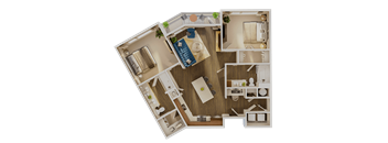 A top-down view of a house layout with a kitchen, living room, and bedrooms.