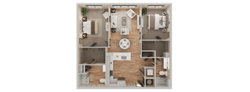 A top-down view of a well-organized apartment with a kitchen, living room, and bedrooms.
