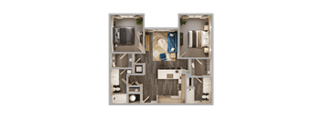 A 3D floor plan of a small apartment with a bedroom, living room, and kitchen.