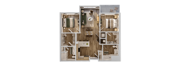 A detailed 3D floor plan of a house layout.