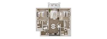 A detailed 3D floor plan of a house layout.