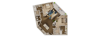 A 3D floor plan of a house with a living room, kitchen, dining room, and bedrooms.