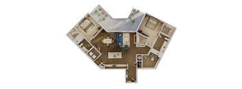 A top-down view of a house layout with a living room, kitchen, and two bedrooms.