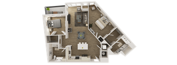 A 3D floor plan of a house with a kitchen, living room, and two bedrooms.