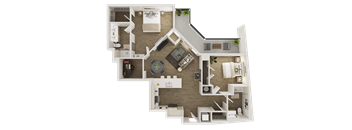 A detailed 3D floor plan of a house showing all rooms and their layouts.