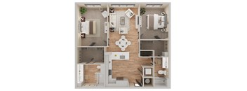 A top-down view of a house layout with a living room, kitchen, dining room, and two bedrooms.