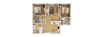 A top-down view of a house layout with a living room, kitchen, and bedrooms.