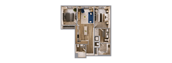 A top-down view of a room with a bed, a couch, a table, and a TV.
