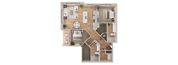 A top-down view of a house layout with a kitchen, living room, dining area, and bedrooms.