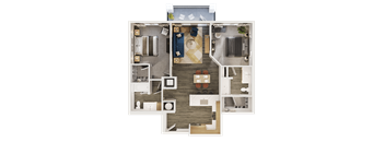 A floor plan of a house with a living room, dining room, kitchen, and two bedrooms.