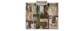 A detailed 3D floor plan of a small apartment with a kitchen, living room, and bathroom.