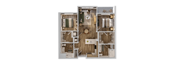A detailed 3D floor plan of a house layout.