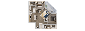 A 3D rendered image of a house layout.