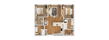 A top-down view of a well-organized apartment with a living area, kitchen, and bathroom.